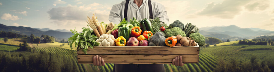 agricultor sosteniendo una caja con todo tipo de verduras frescas, con fondo de campo labrado - obrazy, fototapety, plakaty