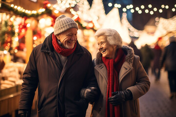Happy two senior couple having good time together at night market fair in winter season background