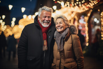Happy two senior couple having good time together at night market fair in winter season background