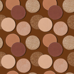 Trend pattern with refill eye shadow swatches, beige brown natural colors on dark background. Eyeshadows powder for make up, shiny and matte, minimal aesthetic photo, autumn color, top view
