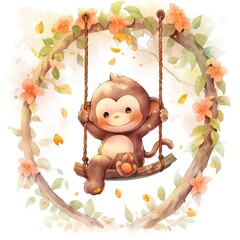 Cute happy baby monkey on swings on a tree in watercolor.