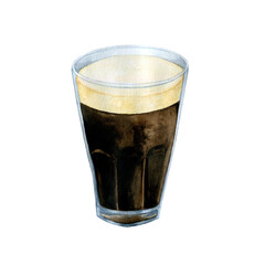 Watercolor drawing of a glass glass with coffee. Glass of cappuccino