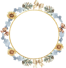 Floral circle decorative frame with sunflowers, bows, clouds watercolor vector illustration. Geometrical golden thin border. Floral invitation, greeting card, postcard watercolour design element.
