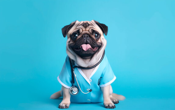 Smiling bulldog dressed as a doctor on blue background