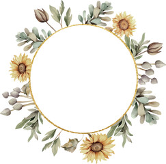 Botanical circle decorative frame with sunflowers, watercolor vector illustration. Geometrical golden thin border. Floral invitation, greeting card, postcard watercolour design element. Gold line.