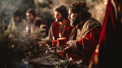 Reenactment of Mithraic Rituals in Honor of the Solstice, The Roman Origins of Christmas, with copy space, blurred background