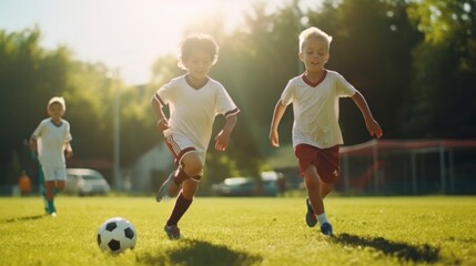 Obraz premium two children playing soccer on a grass field