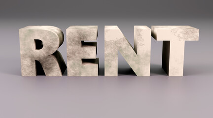 3d alphabet letters shape made of concrete on grey background, 3d render, sign Rent