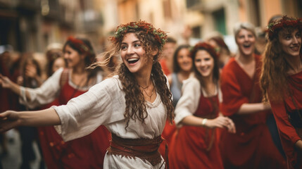 Roman Citizens Dancing Joyously in the Streets During Festive Saturnalia, The Roman Origins of Christmas, with copy space, blurred background - obrazy, fototapety, plakaty
