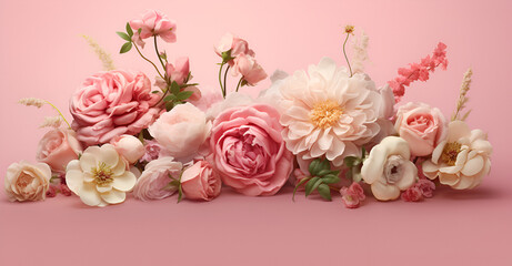 many pretty flower, roses, peonies bouquet on pink 