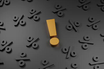 Inscription exclamation mark on black podium, soft light, smooth background, 3d rendering