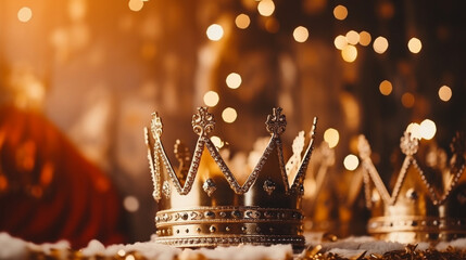 Golden Crowns and Royal Robes of the Wise Men, Epiphany, The adoration of baby Jesus, with copy space, blurred background
