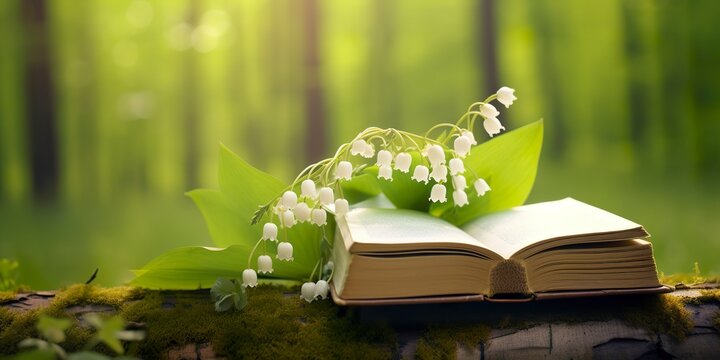 Lily of the Valley flowers and old books in the forest, green natural background.