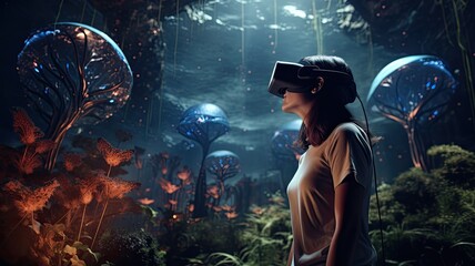 Obraz premium Visualize users wearing VR headsets and interacting with virtual environments, emphasizing the transformative and immersive nature of VR technology
