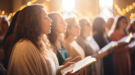 Choir Singing Hymns during an Epiphany Church Service, Epiphany, The adoration of baby Jesus, with copy space, blurred background - obrazy, fototapety, plakaty