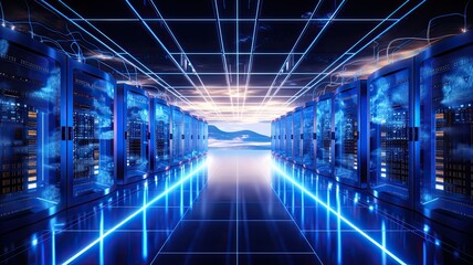 An image of a cloud server room with rows of servers and cables, illustrating the infrastructure behind cloud computing and data storage