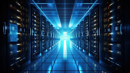 Obraz premium An image of a cloud server room with rows of servers and cables, illustrating the infrastructure behind cloud computing and data storage