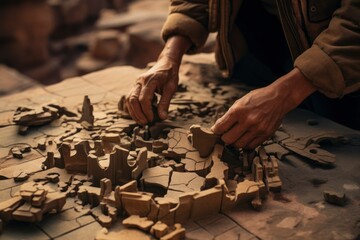 A symbolic image of anthropologists piecing together fragments of cultural artifacts like a jigsaw puzzle, illustrating the meticulous work of cultural preservation and interpretation.