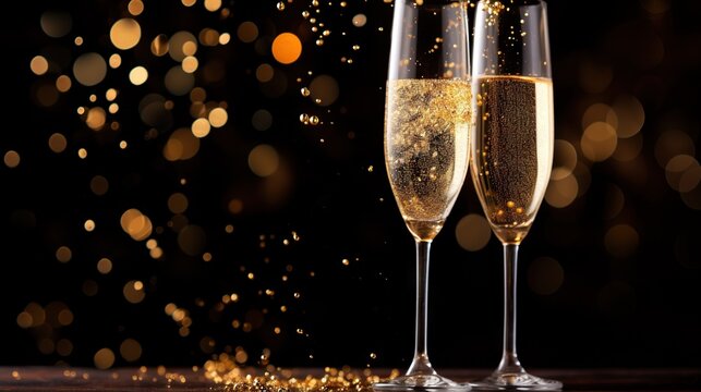  two glasses of champagne with gold bubbles on a table with a black background.  generative ai