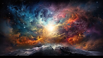  a colorful painting of a mountain with a sky filled with stars.  generative ai