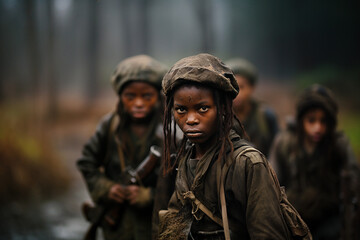Child soldier, black african boy with dreadlocks in a group with other children, military army clothes and guns - obrazy, fototapety, plakaty