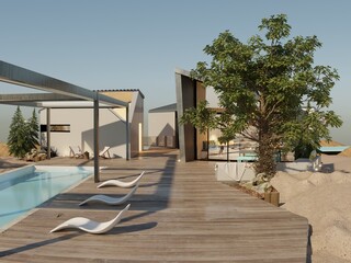 Motorized louvered roof pergola on the pool, 3d rendering