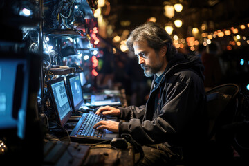 Obraz premium Intensely focused technician working amidst a sea of tangled wires and glowing computer screens in an urban setting.