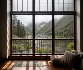view from the window of a mountain gorge with fog and river