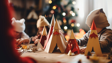 Kids Creating Handmade Three Kings' Day and Saint Nicholas Day Crafts, the Three Kings’ Day, Saint Nicholas Day, with copy space, blurred background