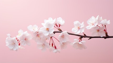  a branch with white flowers on it against a pink background.  generative ai