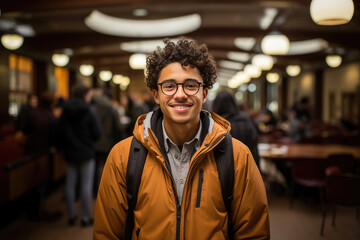 Obraz premium Joyful university student with glasses and curly hair, wearing an orange jacket, stands in a lively campus cafeteria.