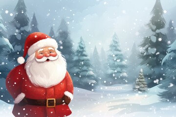 Naklejka na ściany i meble Quirky old bearded Santa Claus in the winter snowy forest. Winter holiday and Christmas concept. New Year's child frost.