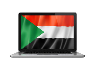 Sudan flag on laptop screen isolated on white. 3D illustration