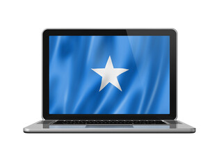 Somalian flag on laptop screen isolated on white. 3D illustration