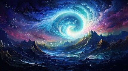 Fototapeta na wymiar a painting of a blue and purple swirl in the sky. generative ai