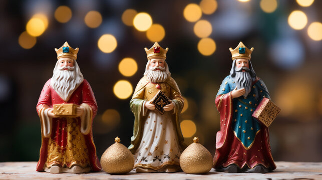 Three Kings' Day and Saint Nicholas Day Nativity Scene, the Three Kings’ Day, Saint Nicholas Day, with copy space, blurred background