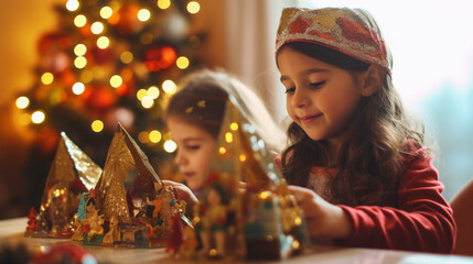 Children Preparing Special Gifts for Saint Nicholas, the Three Kings’ Day, Saint Nicholas Day, with copy space, blurred background