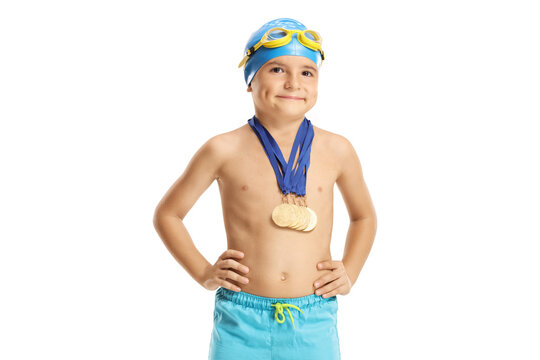 Child swimming champion posing with medals - Powered by Adobe