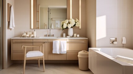  a bathroom with a tub, sink, mirror and a chair.  generative ai