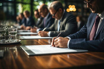 Close-up of executives signing documents during a business meeting, with focused hands and formal attire.