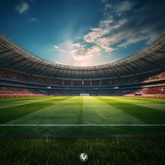 empty football stadium with trimmed green grass, with blue sky full of clouds - obrazy, fototapety, plakaty