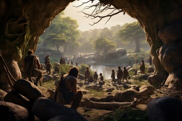 An artistic representation of early human life, with hominids hunting and gathering in a prehistoric setting