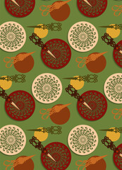 Seamless pattern with curcles and scissors the green background
