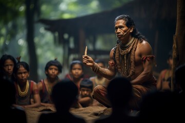 anthropologist giving a lecture on the customs and traditions of a remote Amazonian tribe, underlining the importance of sharing insights and preserving cultural knowledge - obrazy, fototapety, plakaty