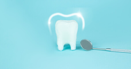 Foam vortex around white tooth and dentist mouth mirror, protection and whitening, protected teeth...