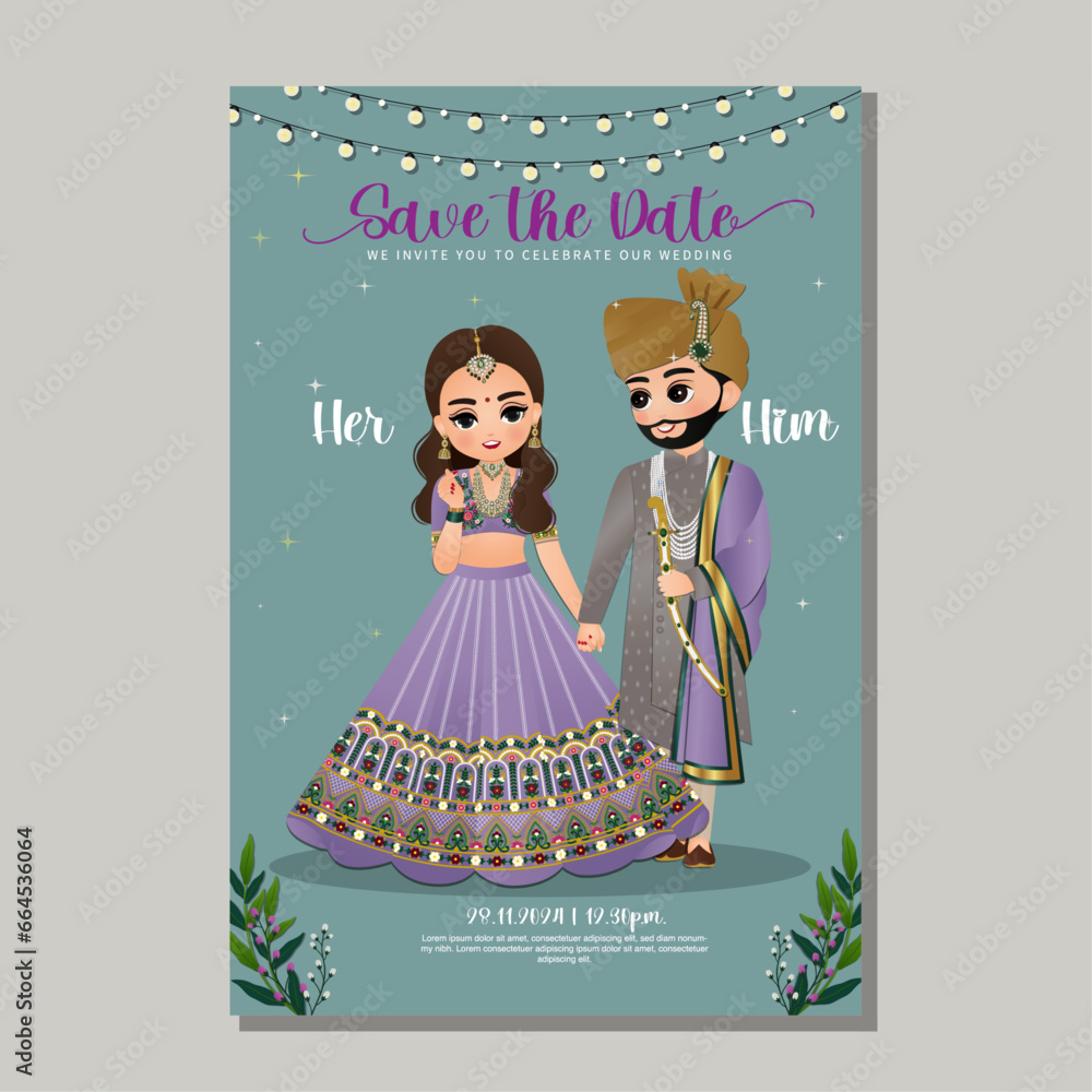 Wall mural wedding invitation card the bride and groom cute couple in traditional indian dress cartoon characte - Wall murals