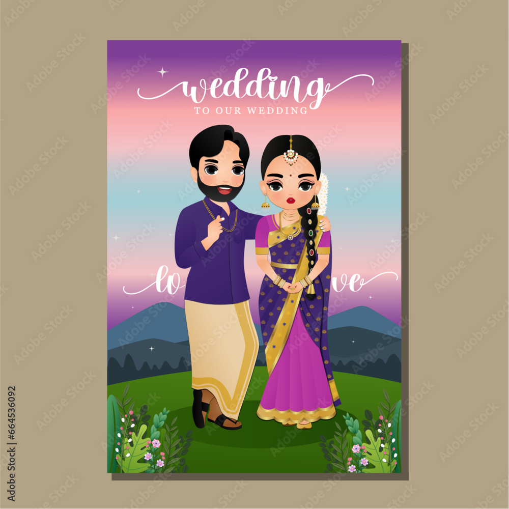 Wall mural wedding invitation card the bride and groom cute couple in traditional indian dress cartoon characte - Wall murals