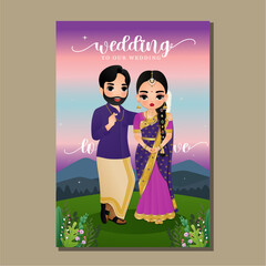  Wedding invitation card the bride and groom cute couple in traditional indian dress cartoon character