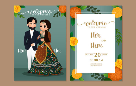  Wedding invitation card the bride and groom cute couple in traditional indian dress cartoon character