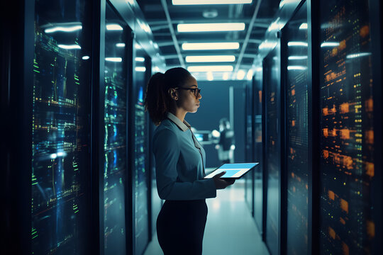 Successful Female Data Center IT Specialist Using Tablet Computer, Turning Augmented VFX Visualization on Server Farm Cloud Computing Facility. System Engineer Working for Cyber Data Security Company.